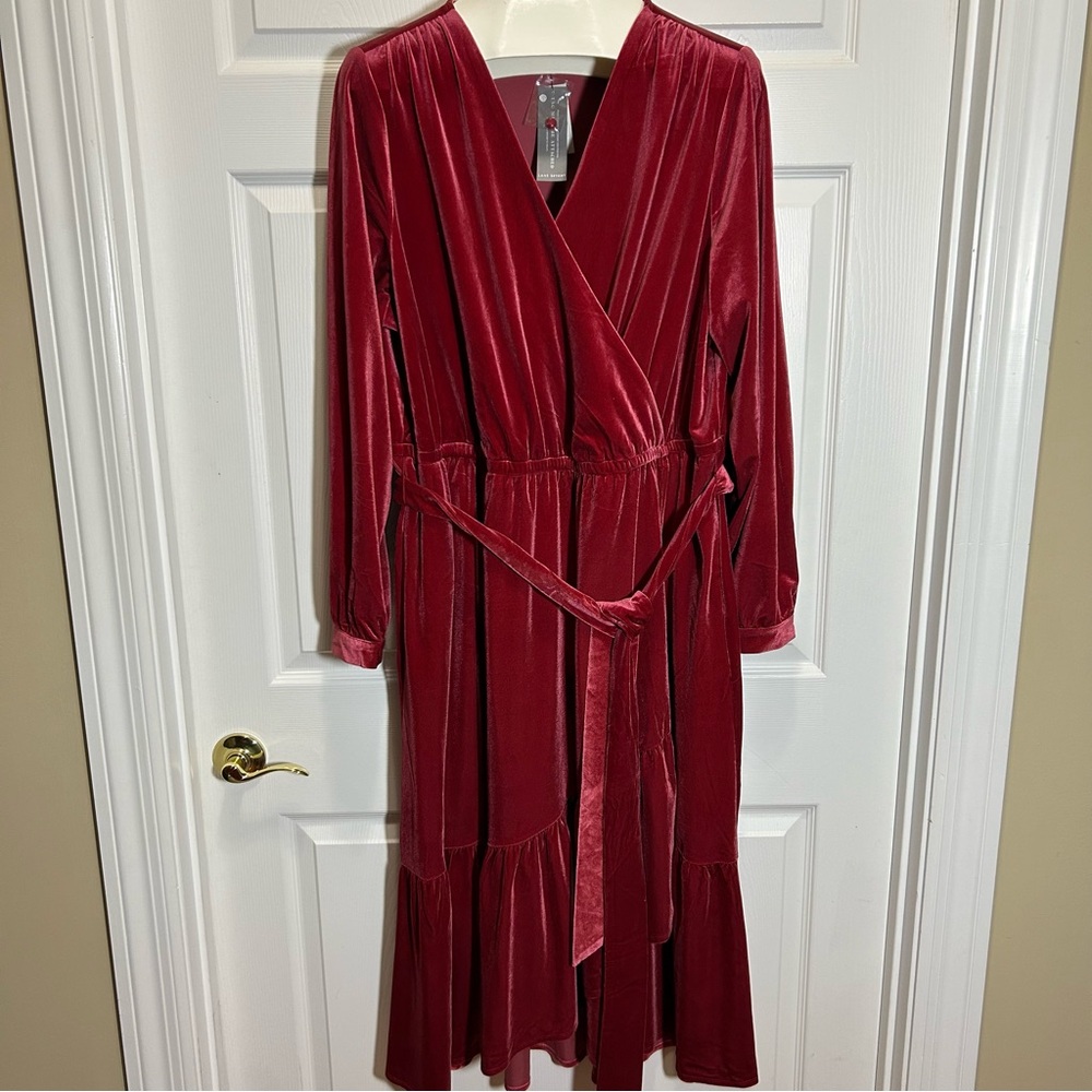 Lane Bryant Red Faux Wrap Velvet Dress with Bishop Sleeves